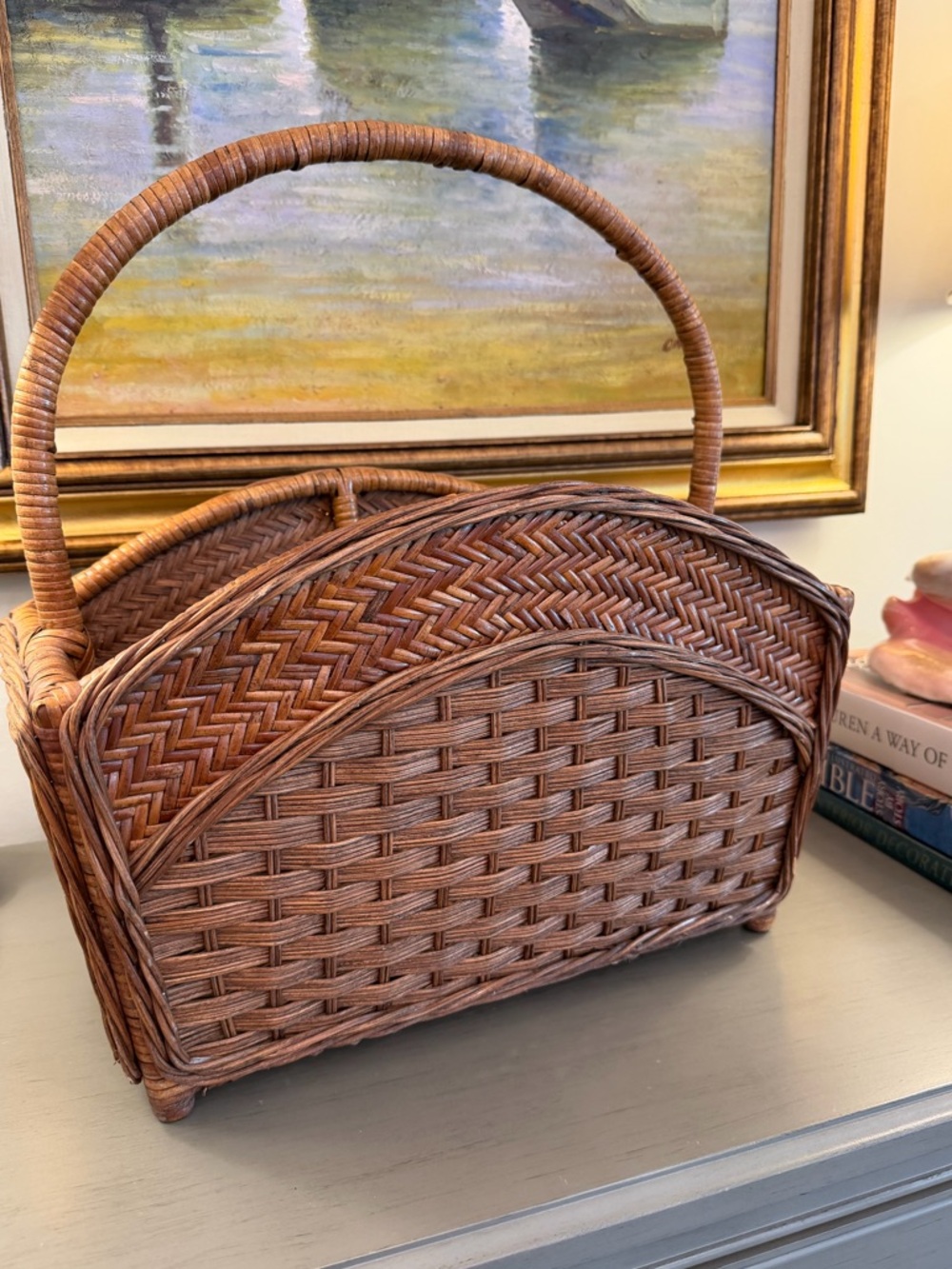 Vintage Rattan Magazine Rack Towel Holder Mid-Century Modern Boho Wicker Bamboo
